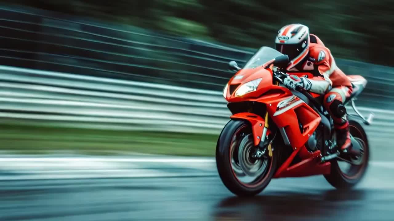 赤いギアを身に着けたバイクに乗る人が、濡れたトラックを猛スピードで走るダイナミックな動画