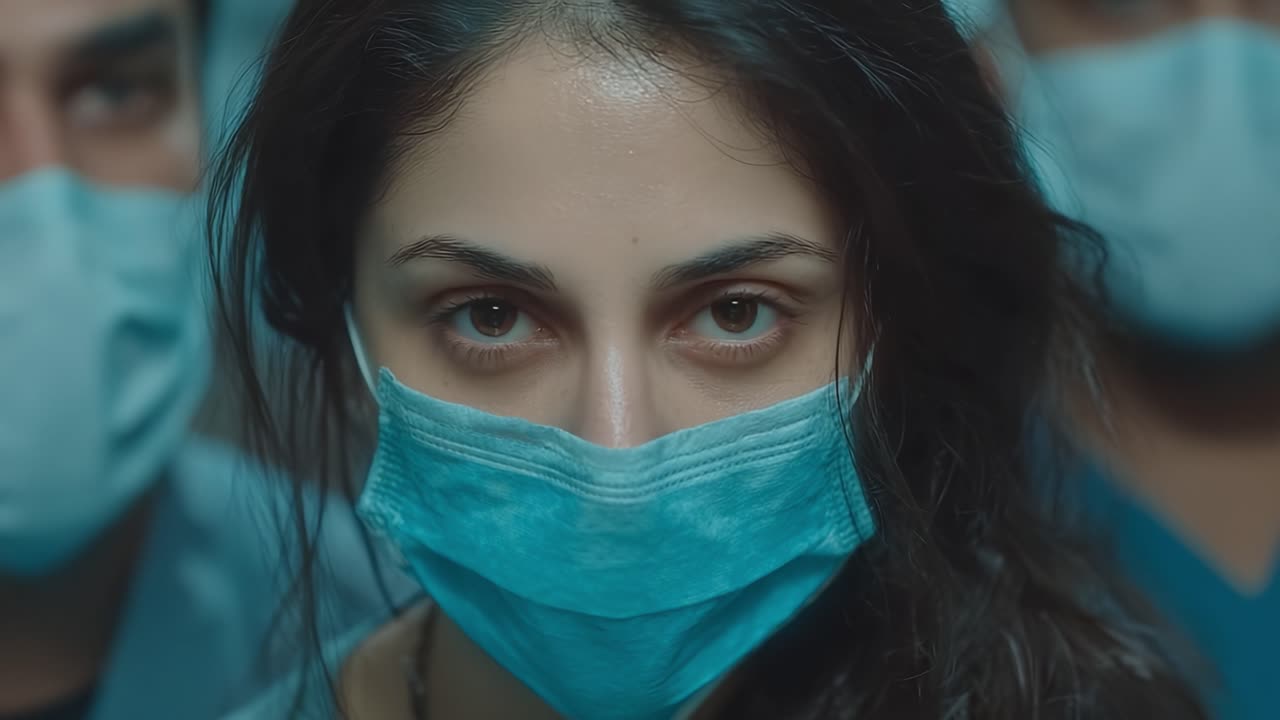 Un momento potente catturato: lo sguardo intenso di una giovane donna con una maschera circondata da persone, che emana emozione attraverso gli occhi durante tempi difficili.