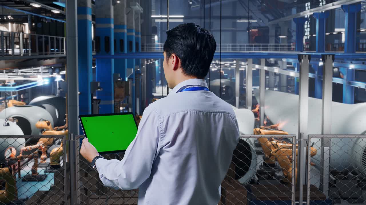 산업 엔지니어는 태블릿으로 생산 라인을 모니터링합니다.