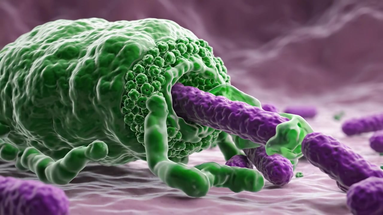 Rappresentazione visiva dell'interazione batterica: un'analisi dettagliata della complessa relazione tra i microbi in un ambiente microscopico.