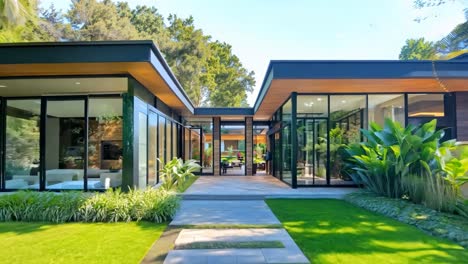 a modern house with a walkway leading to the front door