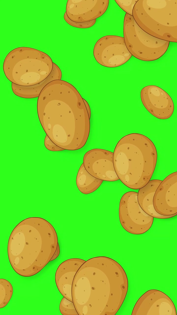 Cartoon potatoes fall continuously against a bright green screen background in a vertical orientation.