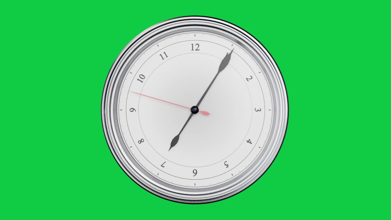 Orologio analogico che si avvia, con lancetta dei secondi rossa che scorre e lancette nere che si muovono, mostrando il tempo trascorso, su sfondo trasparente
