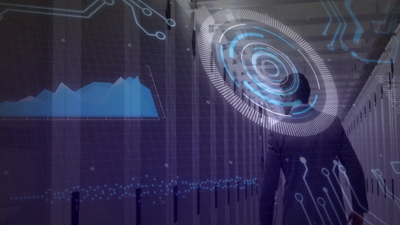 Man in suit walking server aisle, inspecting servers, causing HUD rotation and alignment over him