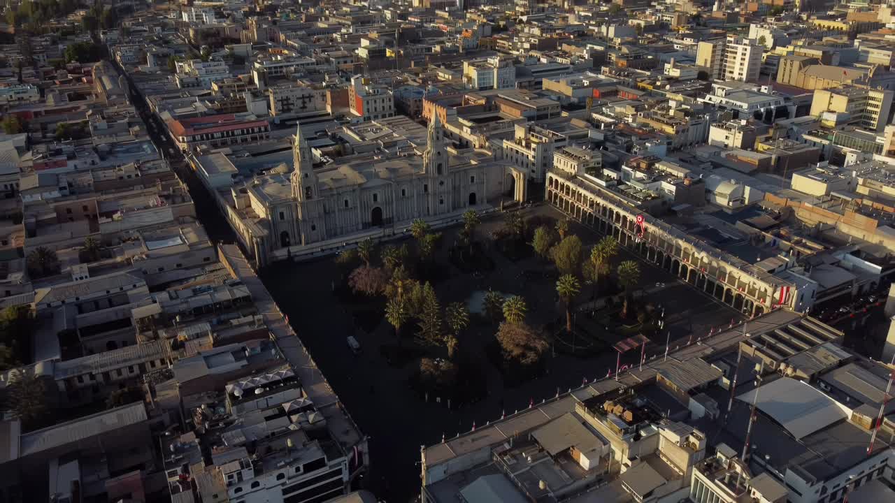 Arequipa Peru city drone aerial landscape infrastructure South America colonial architecture, plaza de armas