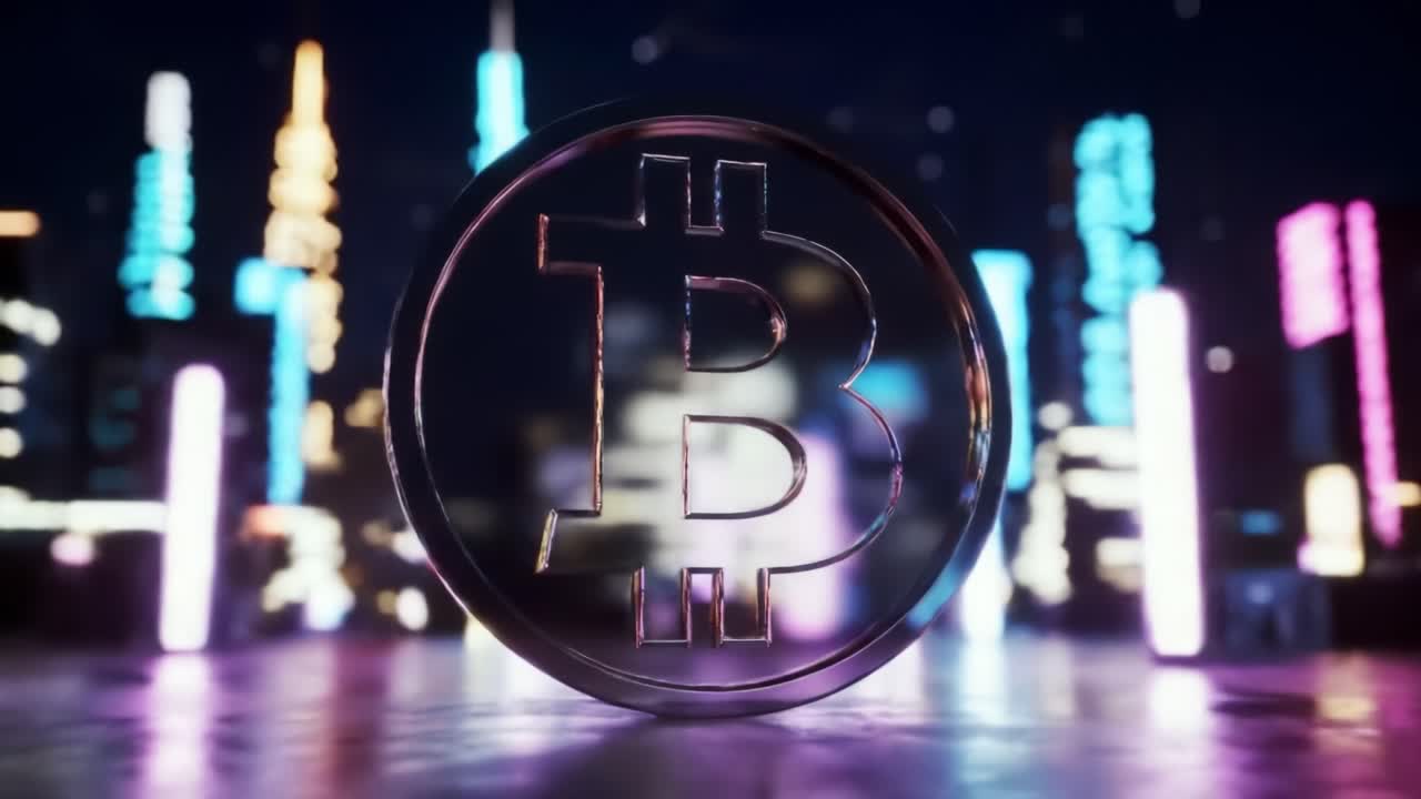 A stunning view of a glowing cryptocurrency symbol set against a backdrop of bright skyscrapers. The bustling city comes alive under the night sky, showcasing modern architecture and technology.