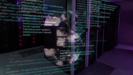 procesamiento de datos a través del símbolo del euro giratorio contra la sala de servidores informáticos