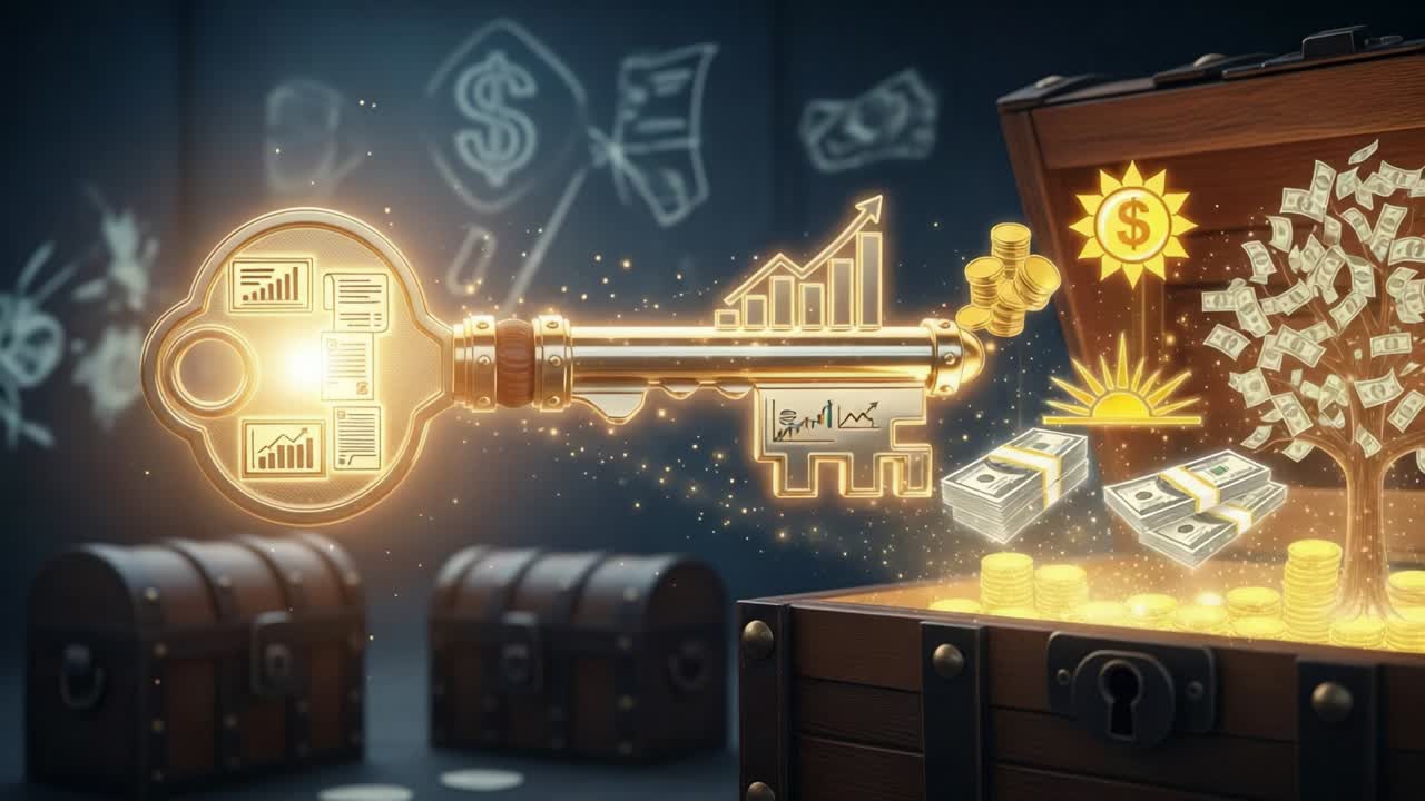 Unlocking Wealth: A Magical Key Revealing Hidden Treasures and Financial Growth Through Symbolic Imagery and Dynamic Elements of Prosperity