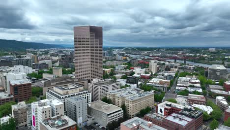 aerial drone view of downtown portland oregon on a cloudy day