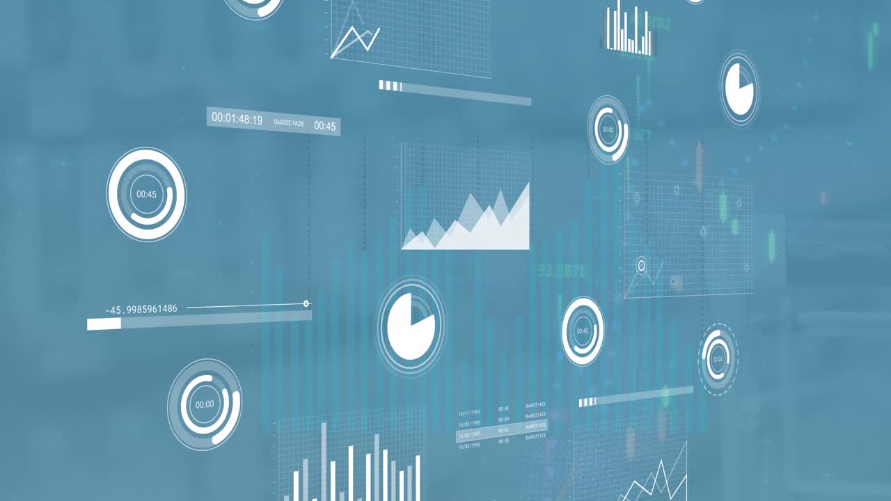 Animation of statistics and financial data processing over blue background