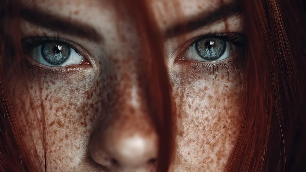 Captivating Close-Up of a Young Woman's Freckled Face, Highlighting Her Stunning Blue Eyes and Fiery Red Hair, Evoking Emotions of Introspection and Beauty