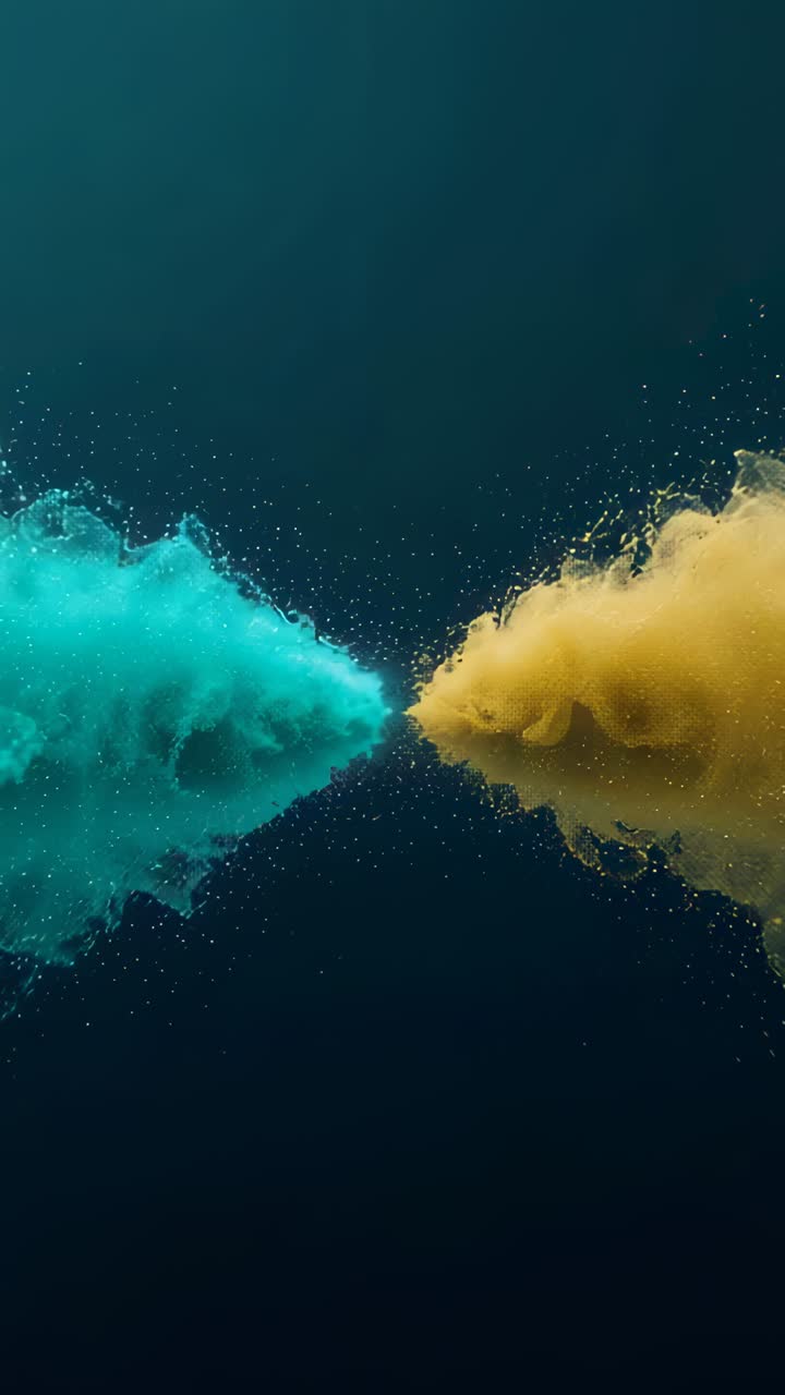 Video verticale: dopo il rilascio pennacchi verde acqua e oro che si scontrano al centro in studio disperdendo particelle