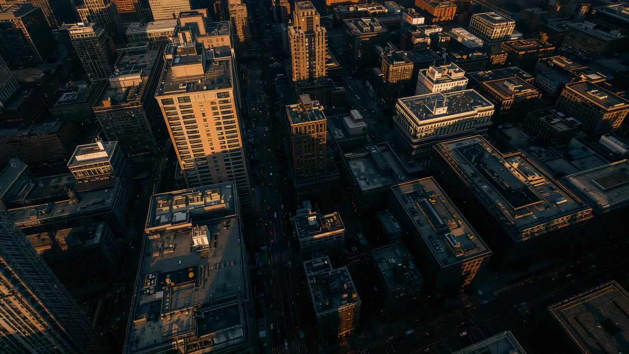 Lanzamiento de la cámara de un dron al atardecer, deslizándose por la avenida norte-sur, mostrando las unidades de climatización de la azotea