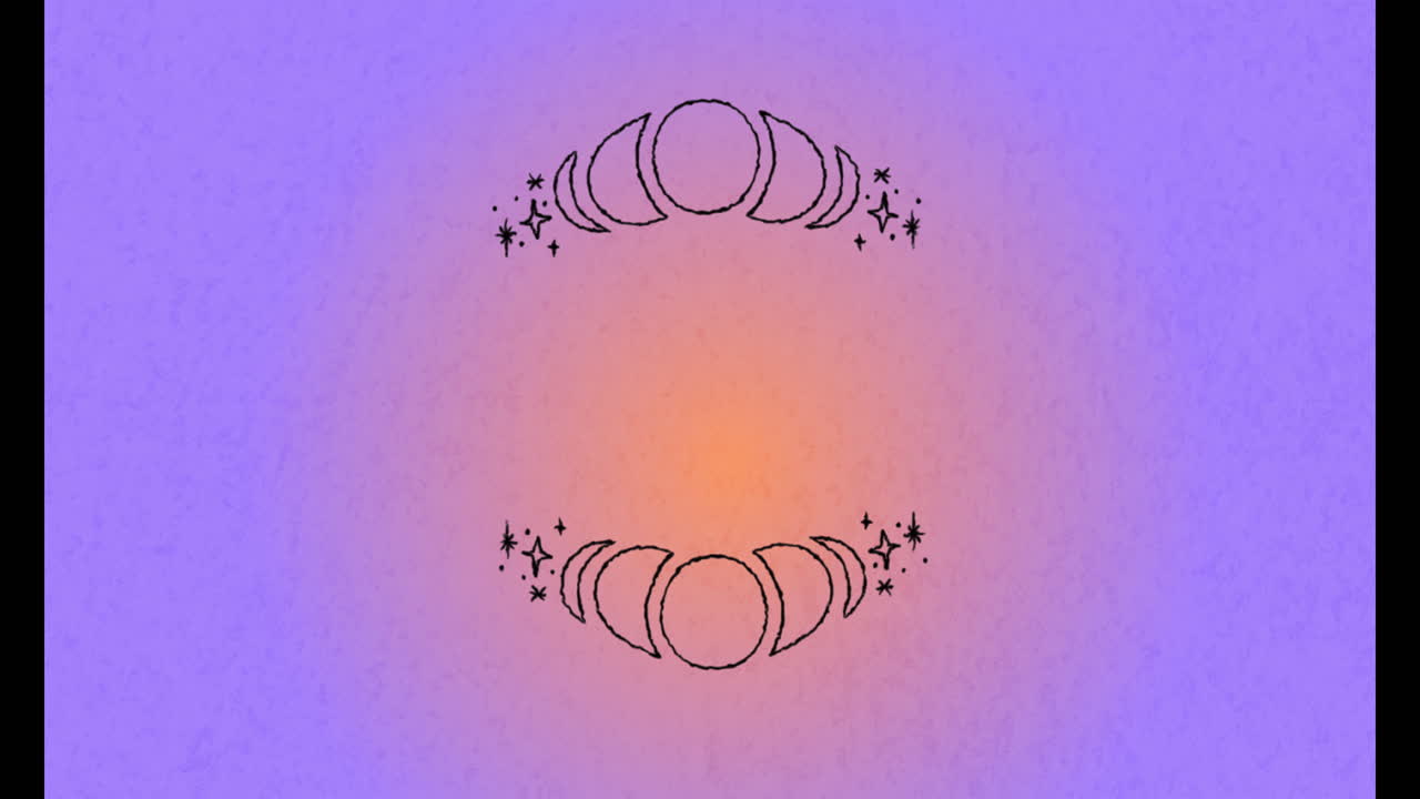 Animation of moon and stars over light spot on purple background, copy space