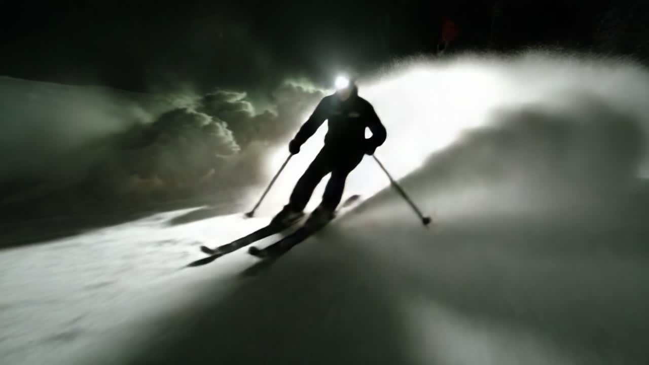 A Thrilling Night of Skiing Adventure: Experience the Exhilaration of Carving Through Snow as Clouds of Powder Rise in a Spectacular Display of Winter Fun