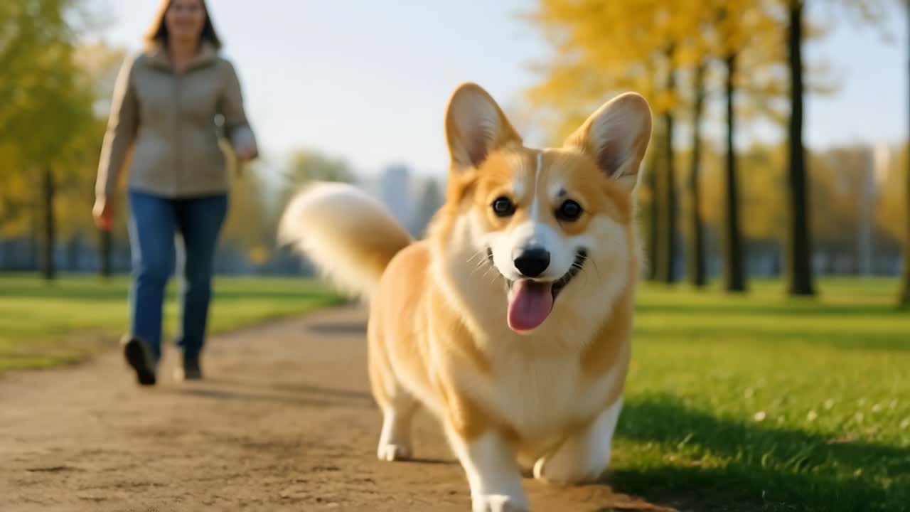 Low-angle video still of a happy corgi walking on a park path, with a person in the background