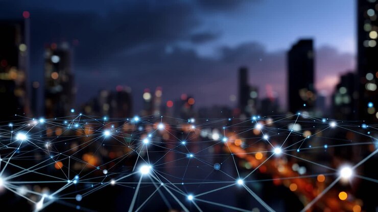Abstract Network Visualization Over Urban Cityscape at Dusk, Highlighting Connections and Digital Infrastructure in a Modern Metropolis Setting