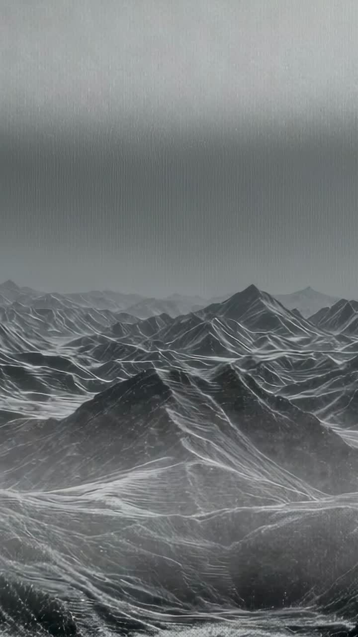 Vertical video: Opening frame showing wireframe mountain terrain shimmering with drifting particles