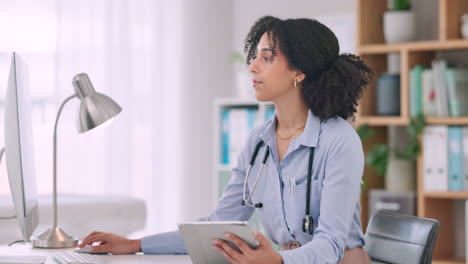 Tablet,-idea-and-woman-doctor-doing-research