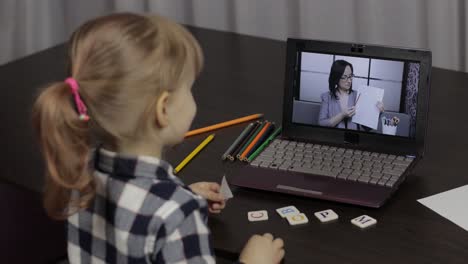 girl distance education lesson with woman teacher, using digital laptop at home