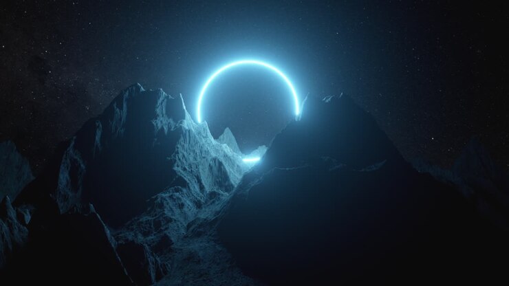 Glowing Circle Over Mountains in Space