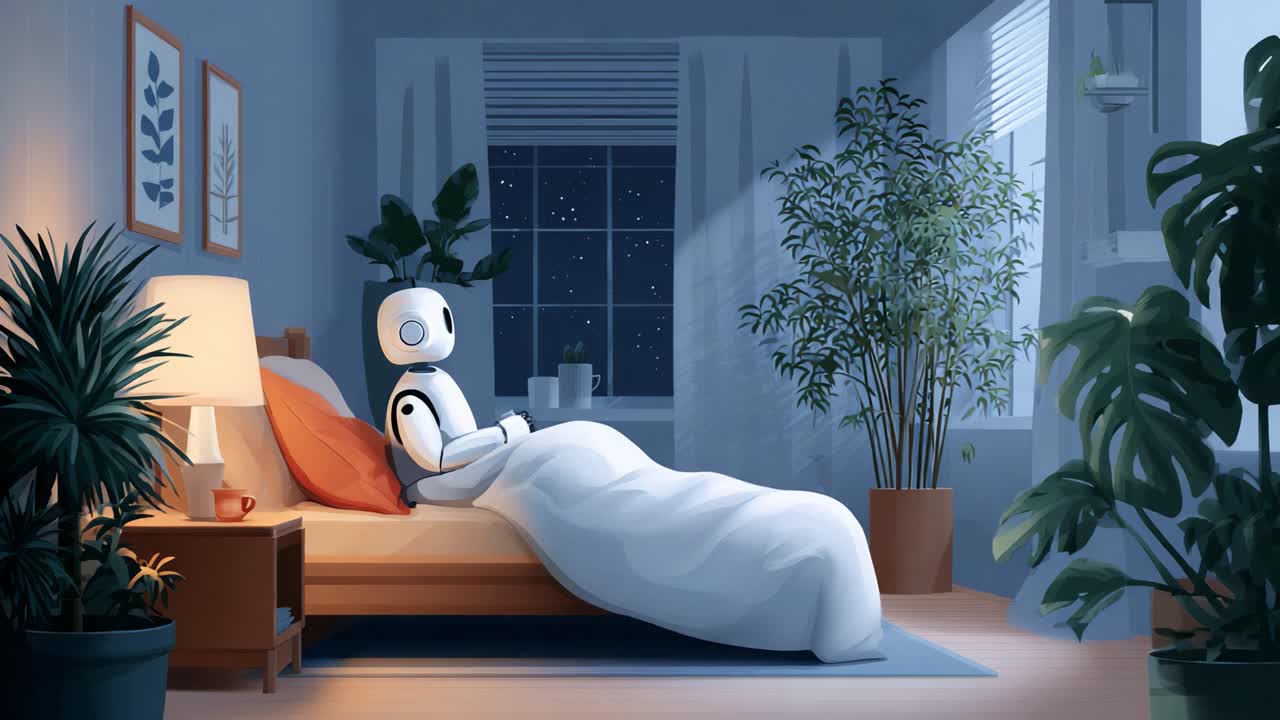 A Cozy Night In: A Robot Companion Relaxing in Bed in a Calm Bedroom with Plants and Night Sky Views, Emphasizing Sleep and Comfort