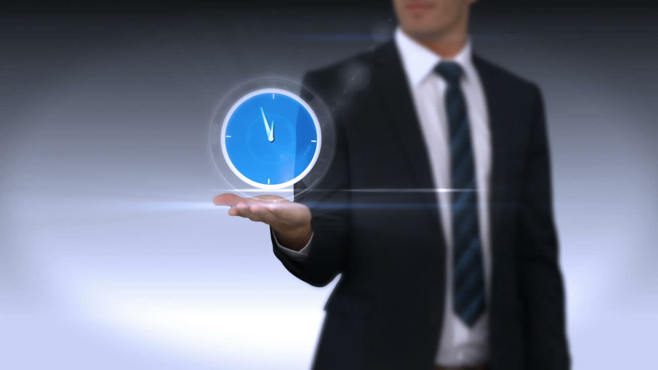A businessman holding virtual clock 