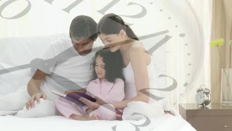 Animation-of-a-couple-at-home-reading-with-their-daughter-over-a-clock-moving