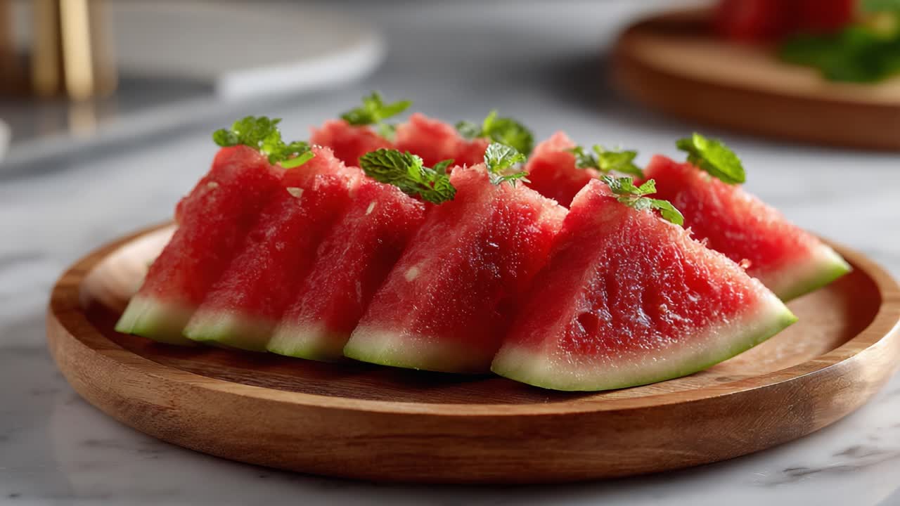 Freshly Cut Watermelon Slices Garnished with Mint Leaves on a Wooden Plate, Perfect for Refreshing Summer Snacks and Healthy Desserts