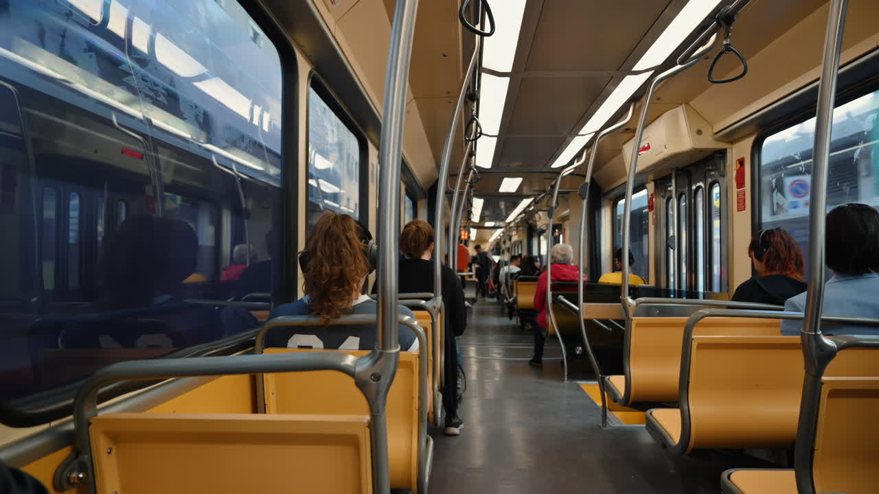 The inside of a tram with yellow seats, with people riding in it, in Milan, Italy