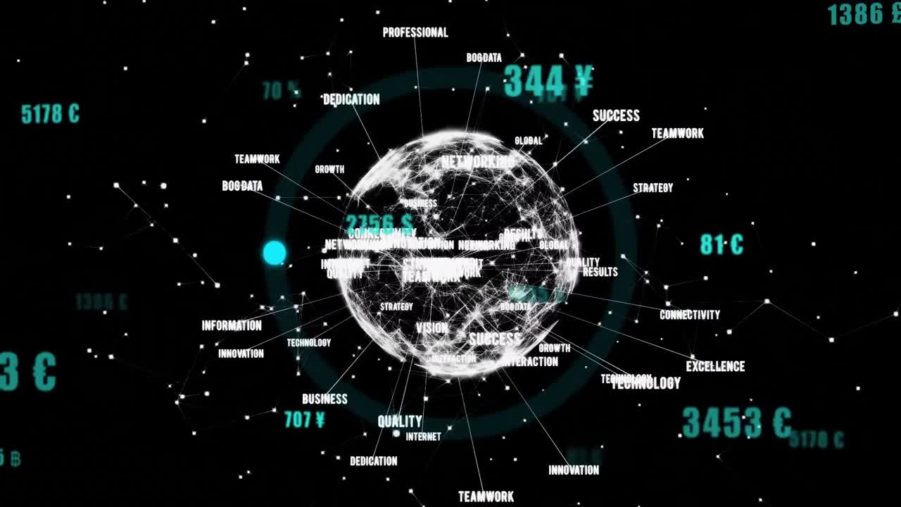 Animation of animation of network of connections with globe on balck background