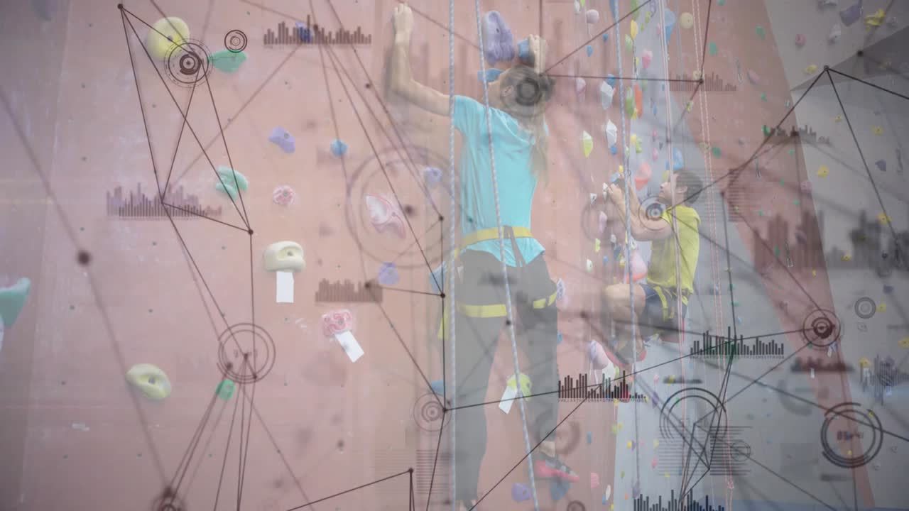 Climbing partners clipping ropes and starting fitness ascent, generating animated network diagrams