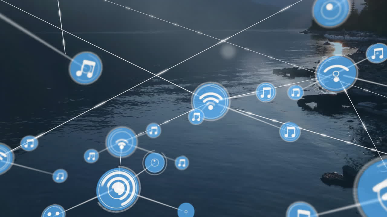 풍경 위의 아이콘으로 연결된 네트워크의 애니메이션