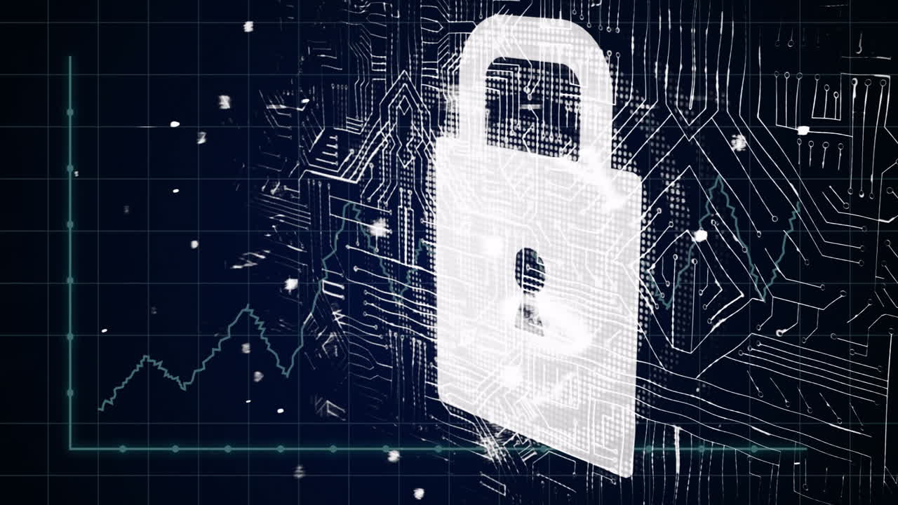 Animation of digital padlock over circuit board with data graph lines