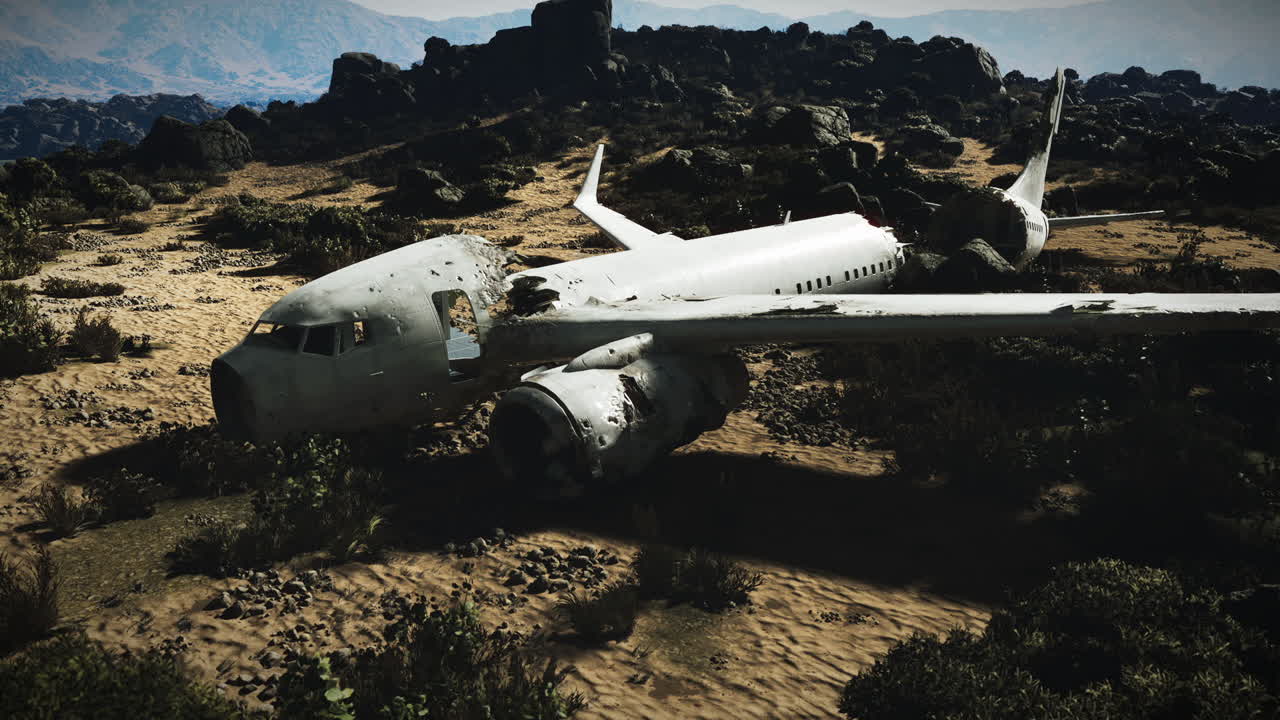 비행기 잔해가 외 지역에서 추락한 후 바위 지형에 머물고 있습니다.