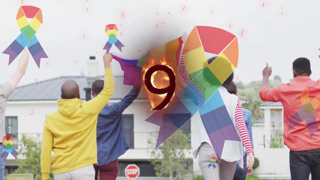 Diverse Group Holding Rainbow Flag with Animated Graphics and Number 9