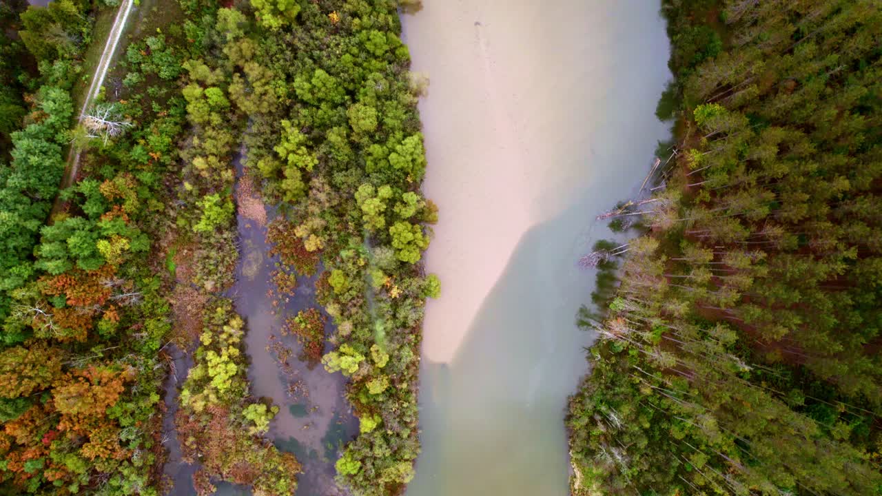 초가을 동안 북부 미시간의 강 위로 드론이 수직으로 내려와 변화하는 단풍과 흐르는 강을 보여줍니다.