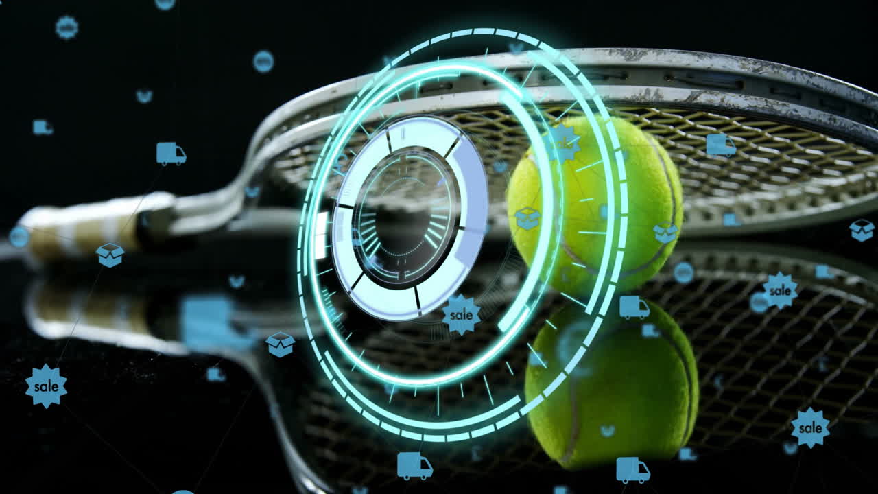 Tennis racket and balls being showcased over glossy surface, showing holographic sales interface