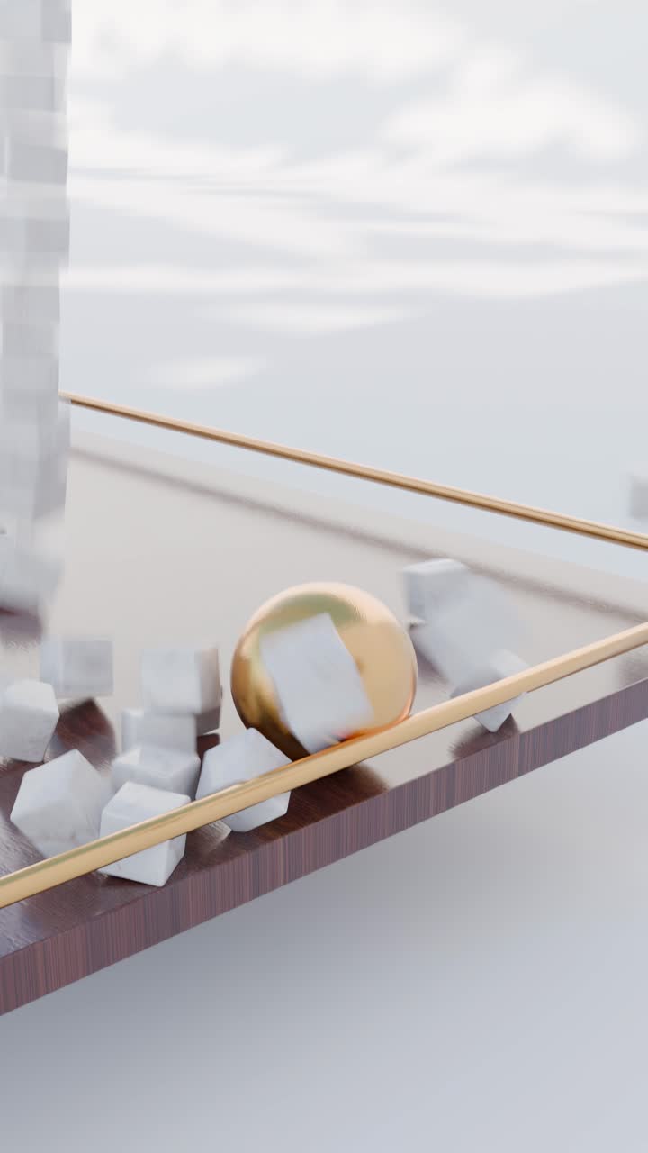 Abstract 3D Rendering of a Golden Sphere Surrounded by White Blocks with Motion Blur