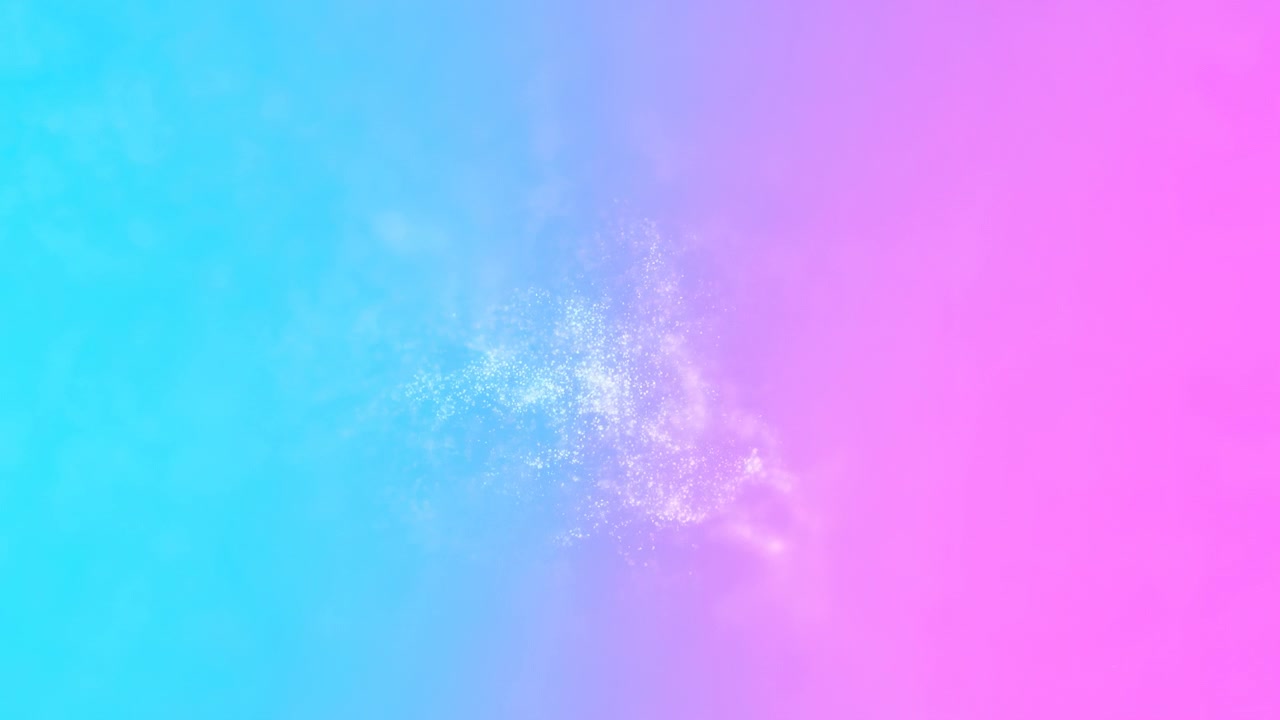 Blød pastelpulvereksplosion lidt til højre for midten mod en jævn horisontal gradient fra cyan til pink. Fint hvidt pulver og funklende partikler
