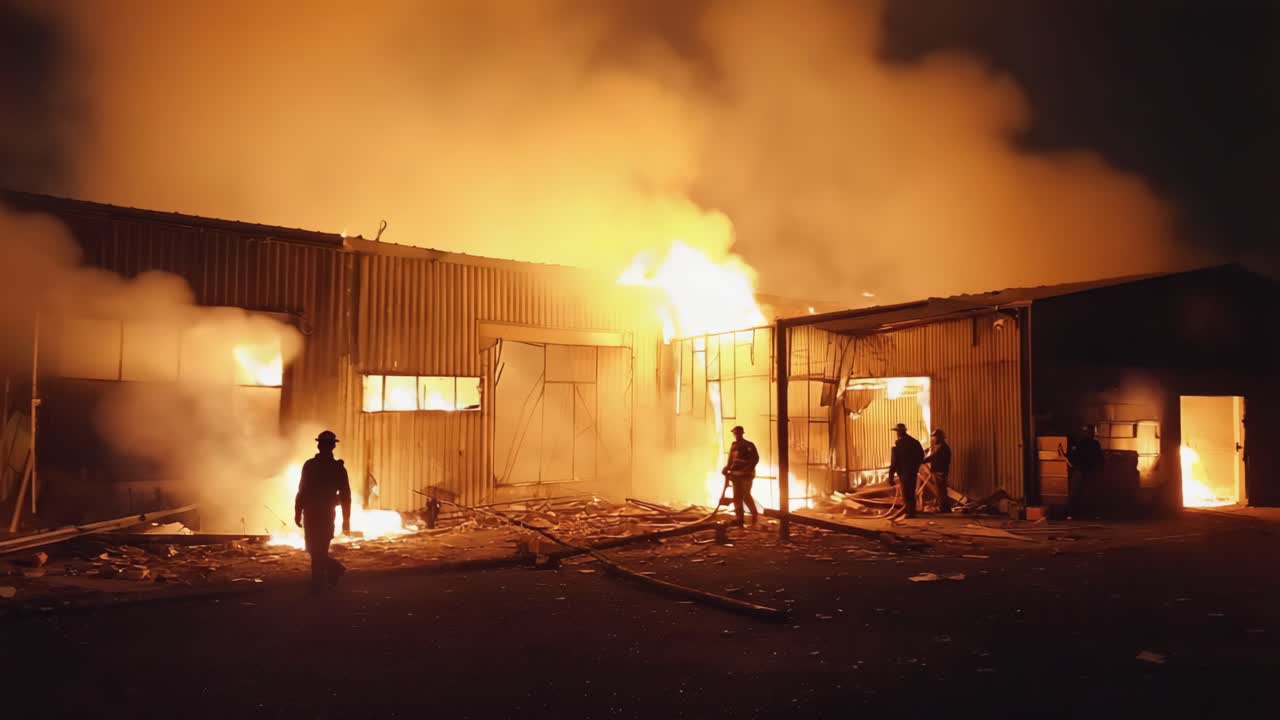 Firefighters battling a building fire at night