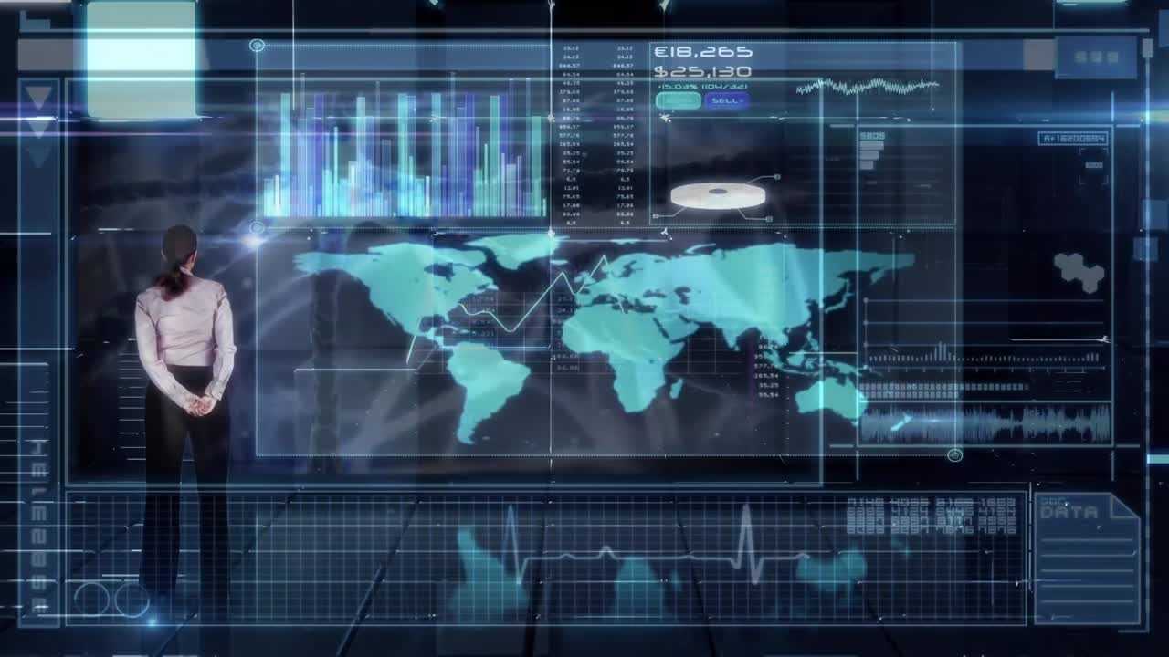 animación de la vista trasera de una mujer de negocios utilizando tecnología futurista, gráfico de mapa y barras de carga