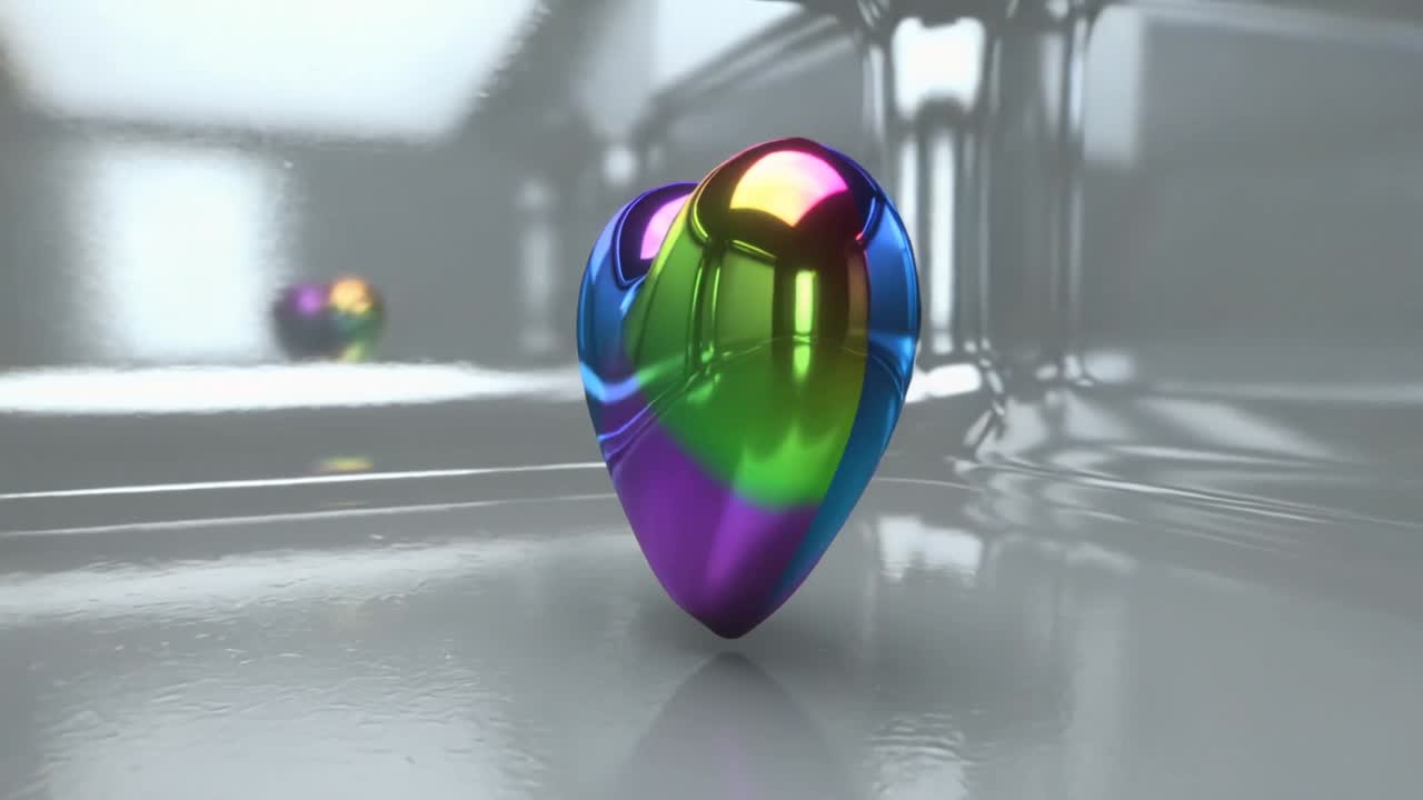 Vertical video: On start, rainbow heart rotating, tilting in mirrored chamber for design preview