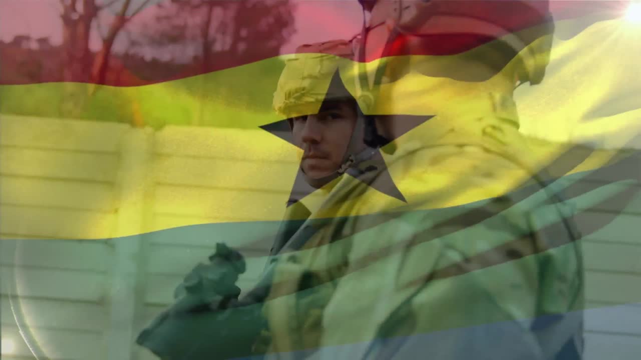 Animation of flag of ghana over diverse male soldiers walking with weapon