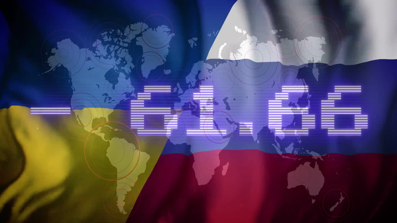 Digitale tal animation over ukrainske og russiske flag med verdenskortbaggrund