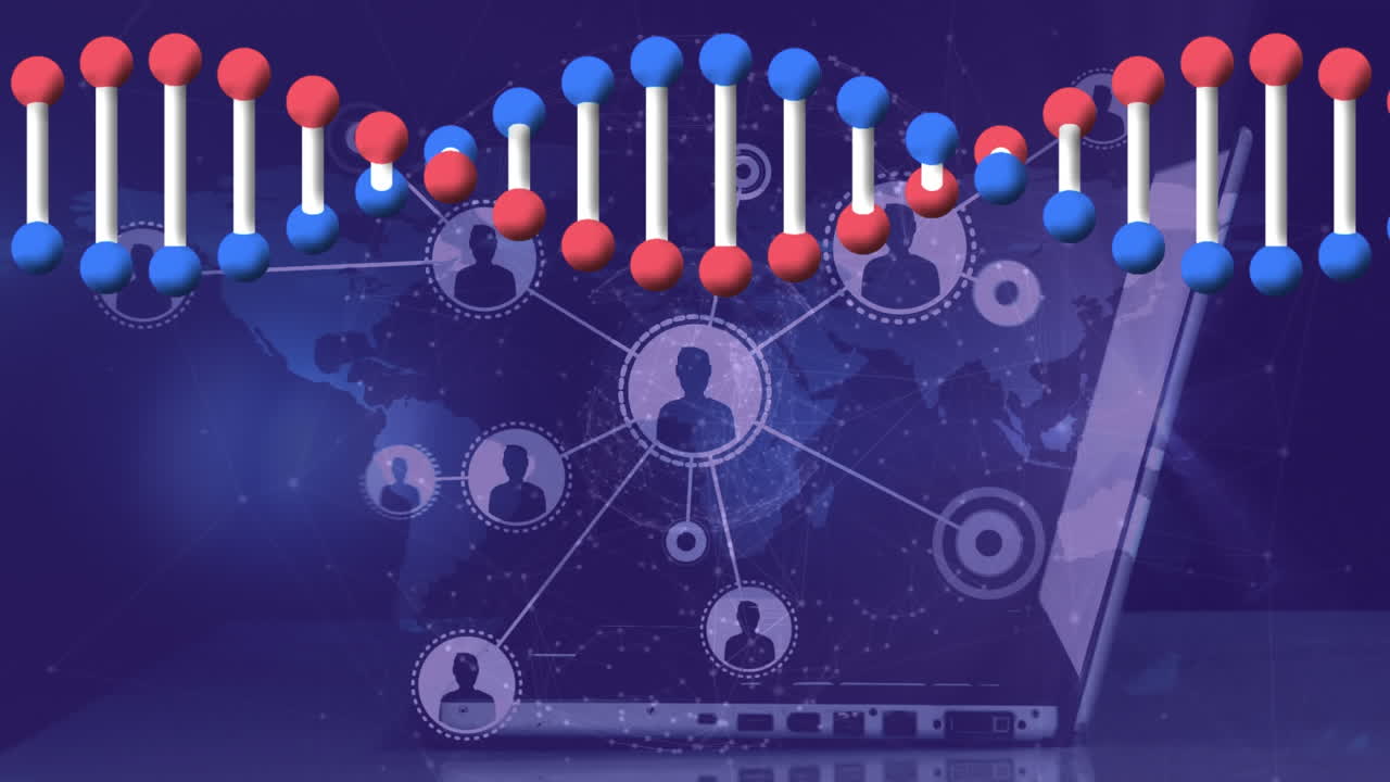 노트북을 사용하여 사람 위에 있는 dna 가닥과 연결 네트워크의 애니메이션