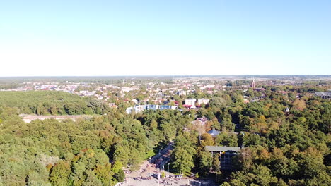 Basanavicius-street-and-Palanga-town-on-sunny,-aerial-descend-view