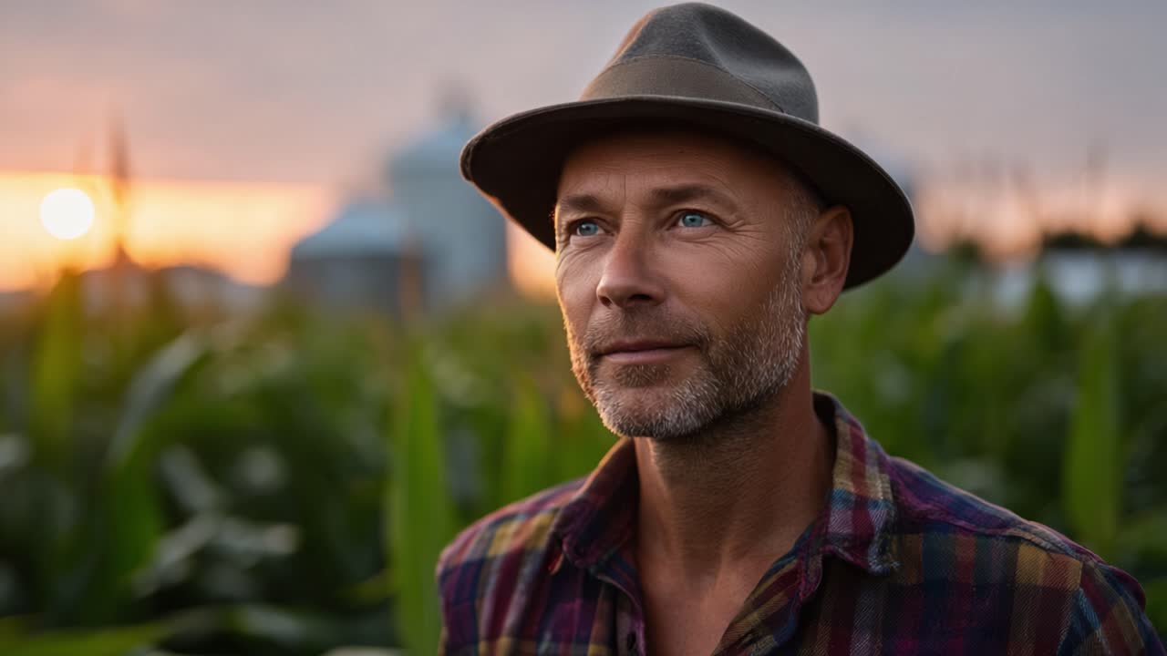 En eftertænksom landmand står på en frodig majsmark ved solnedgang, der legemliggør landlivets ro og forbindelse til naturen i et smukt gyldent øjeblik