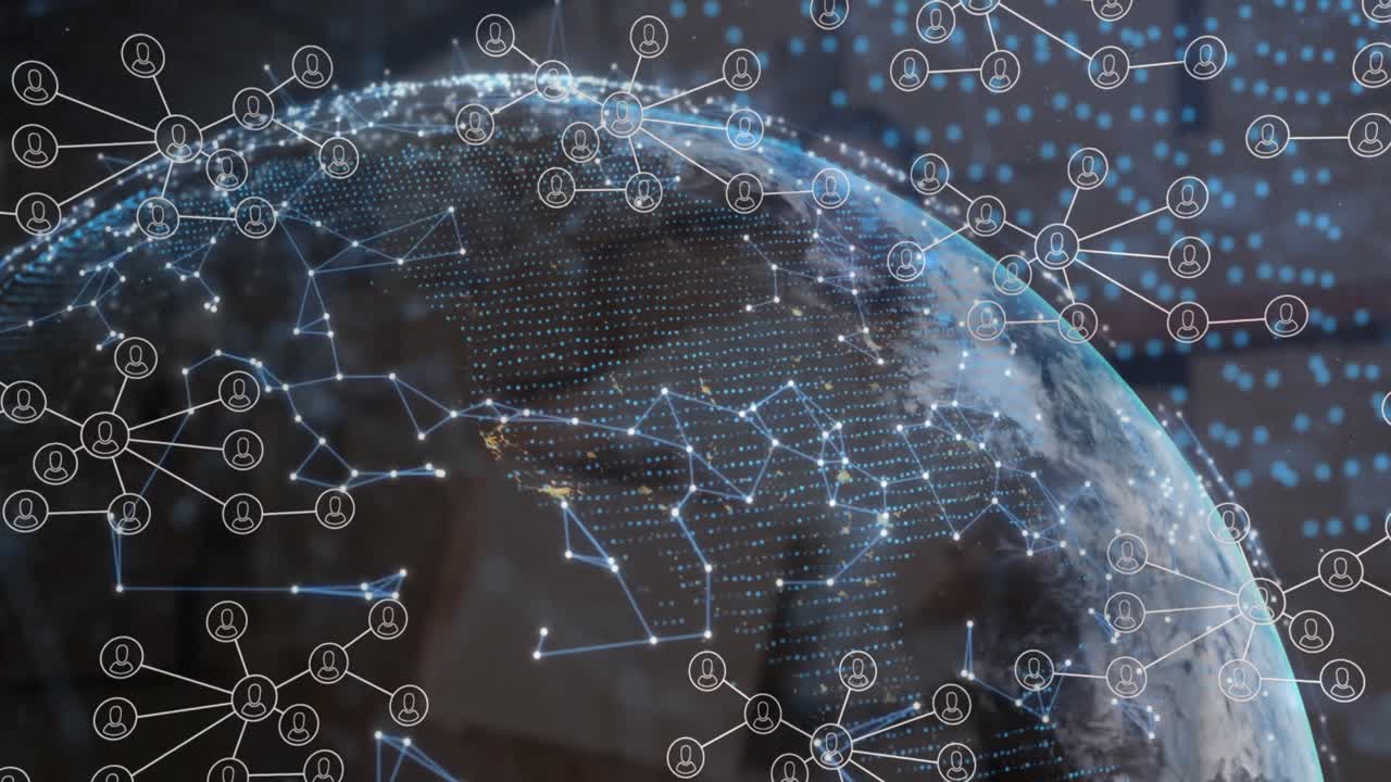 Animation of connections over globe and blurred caucasian male courier