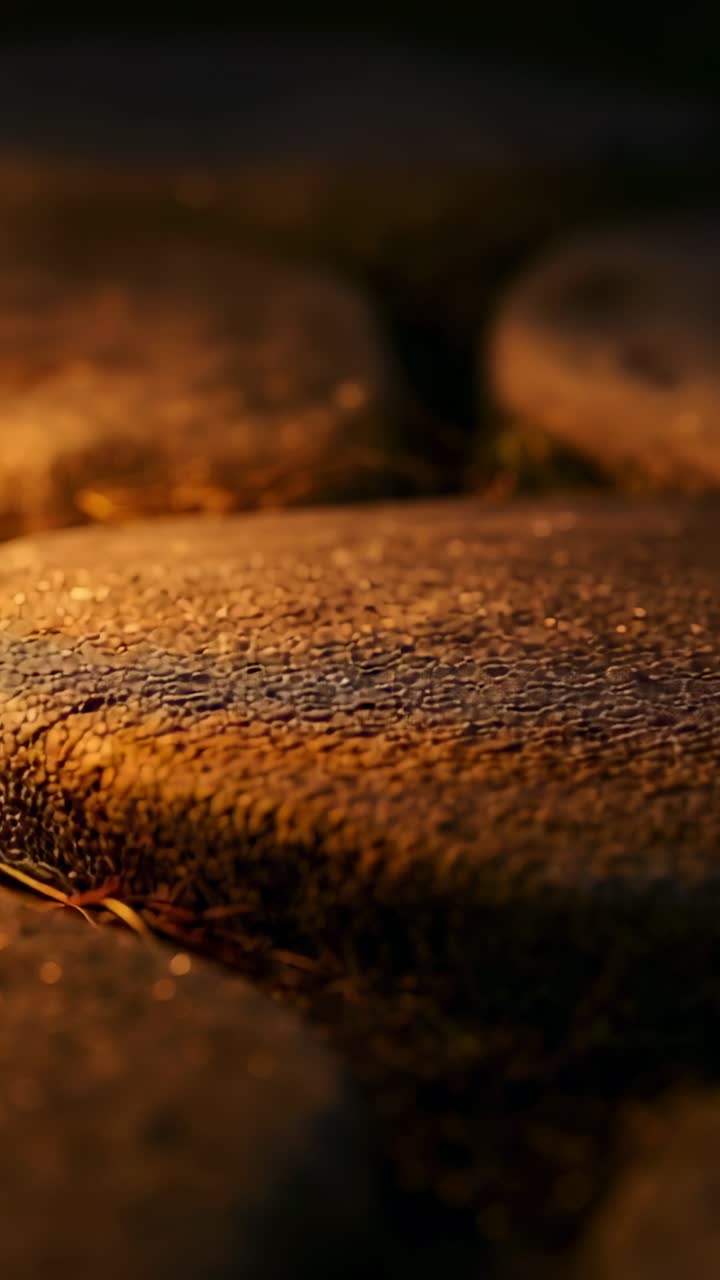 Video verticale: telecamera lenta che si avvicina a una pietra piatta centrale, luce calda che enfatizza la texture ruvida.